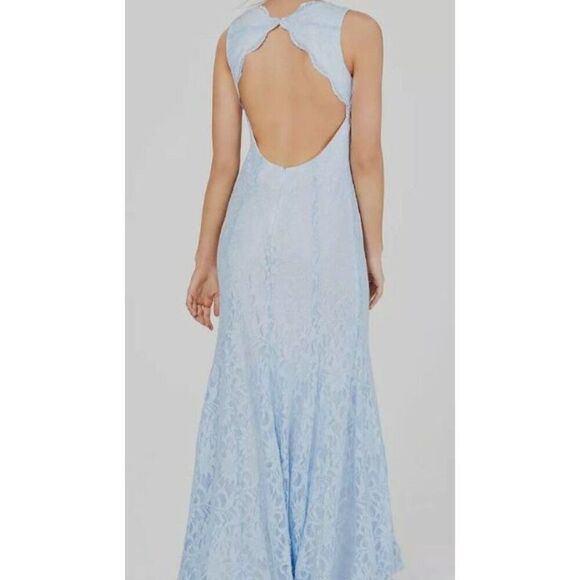 Morgan & CO. Blue V-Neck Glitter Lace Open Back Dress Size 7 NWOT - Picture 2 of 9